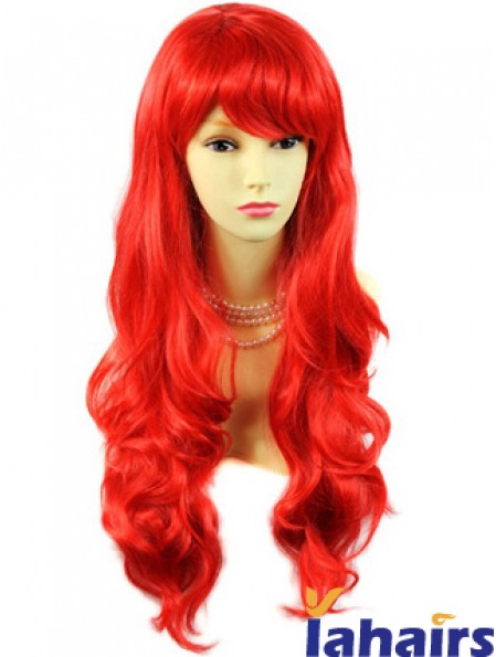Human Hair Wigs Red With Bangs Capless Wavy Style Long Length