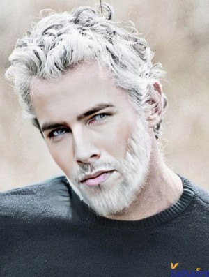 Remy Human Grey Wigs Men 8 inch Wavy