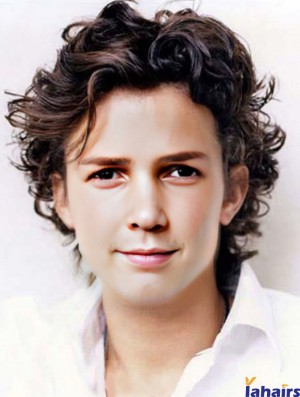 Remy Human 100% Hand Tied Curly Brown Buy Wig For Men
