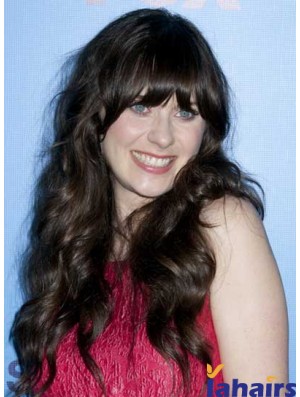 Ideal Black Long Curly 25 inch With Bangs Zooey Deschanel Wigs
