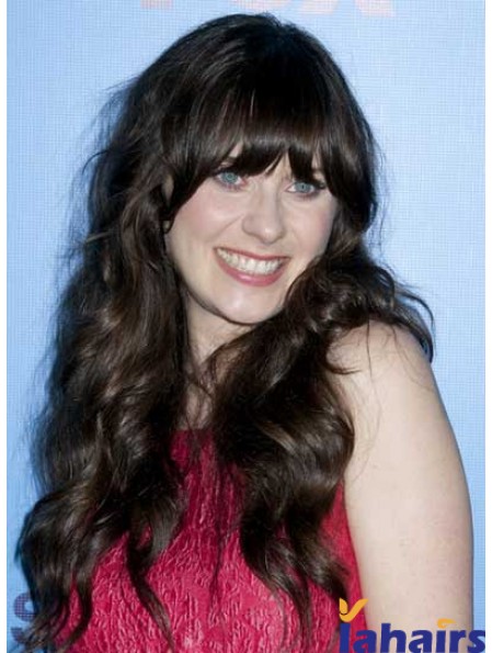 Ideal Black Long Curly 25 inch With Bangs Zooey Deschanel Wigs